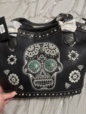 Black Embroidered Sugar Skull Shoulder Bag with Turquoise Accents